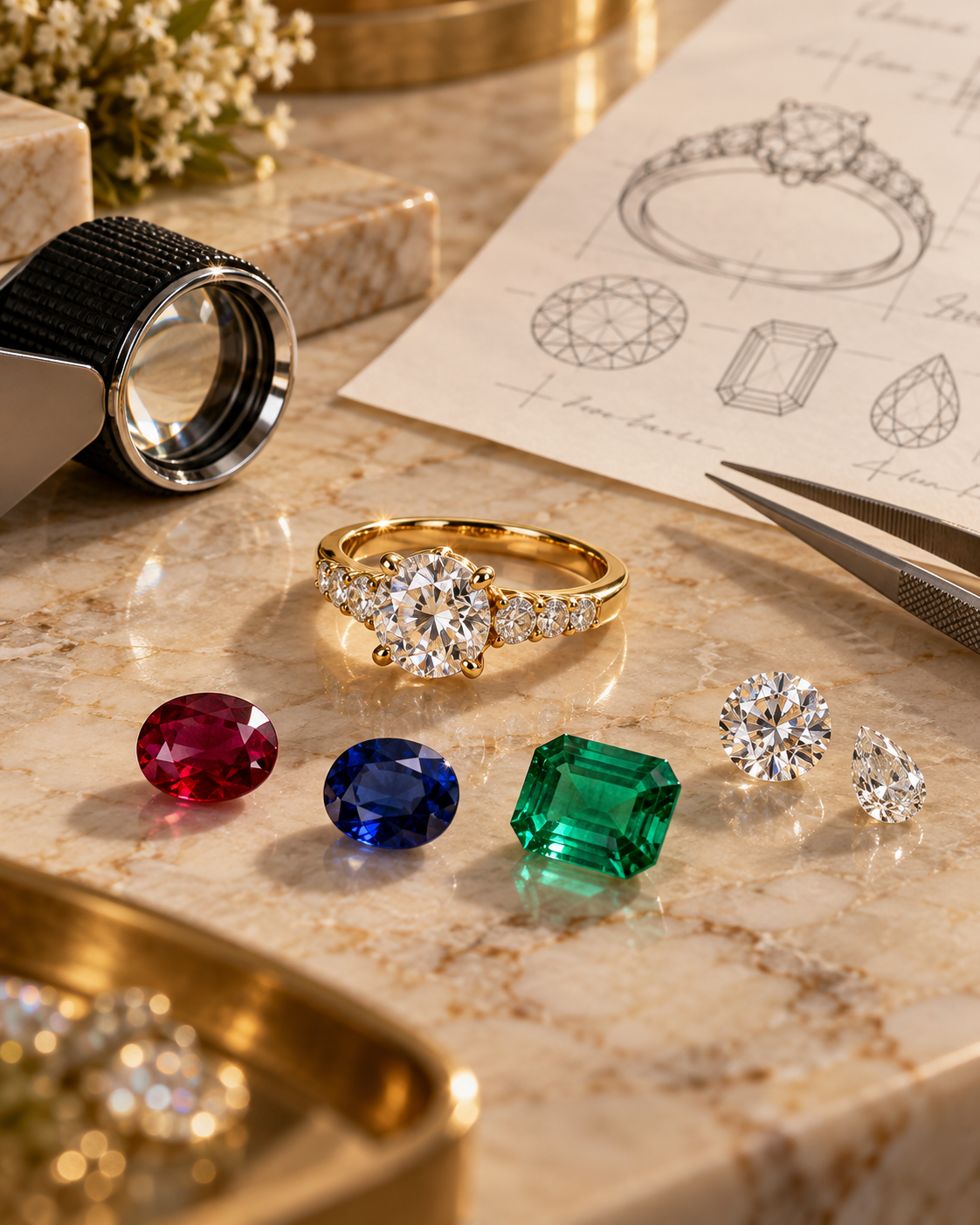 Gold ring with center diamond, side diamonds, ruby, sapphire and emerald gemstones evaluated separately for jewelry resale value