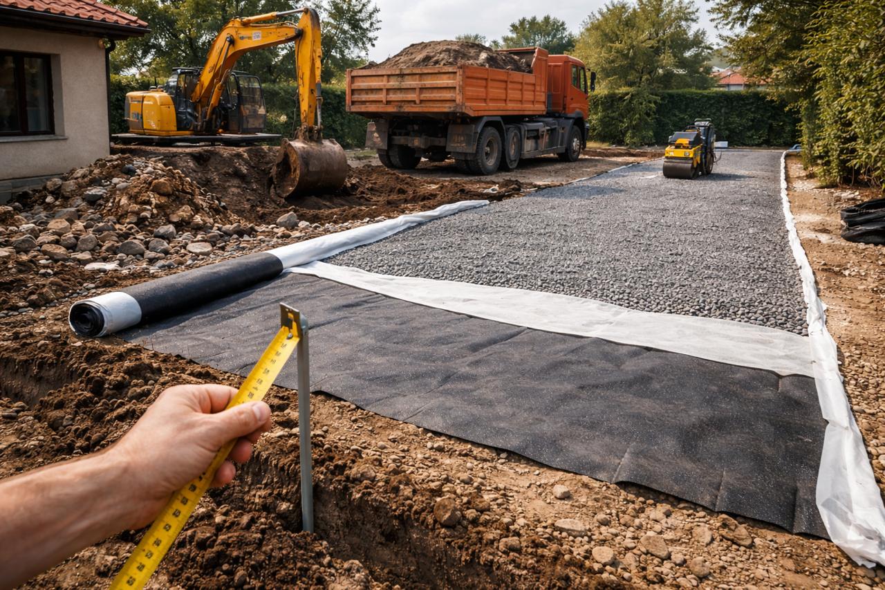 Подготовка на основа за асфалтиране – изкоп, геотекстил и насипване на чакъл с контрол на дълбочината