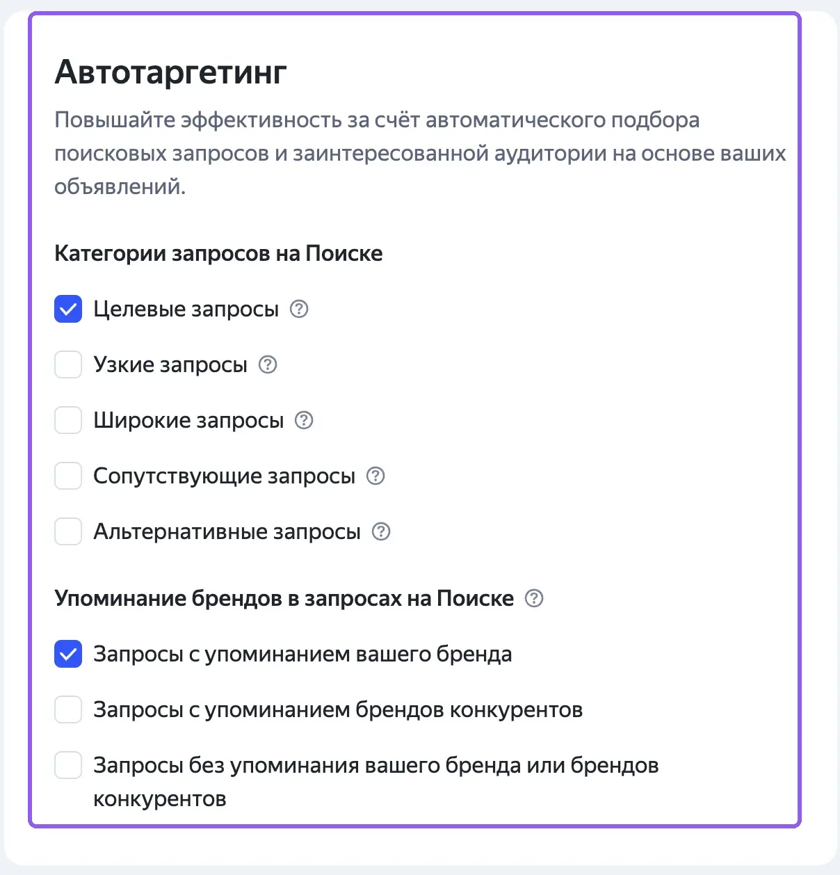 Блок «Автотаргетинг» в настройках группы ЕПК: категории запросов и упоминание брендов