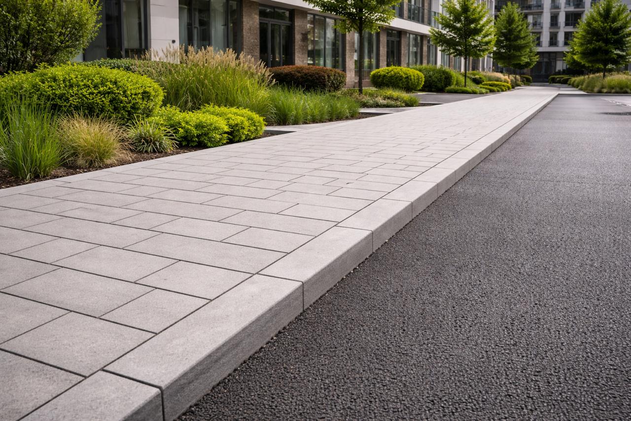 Интегриран преход между асфалт и тротоар без бордюр при модерен градски дизайн