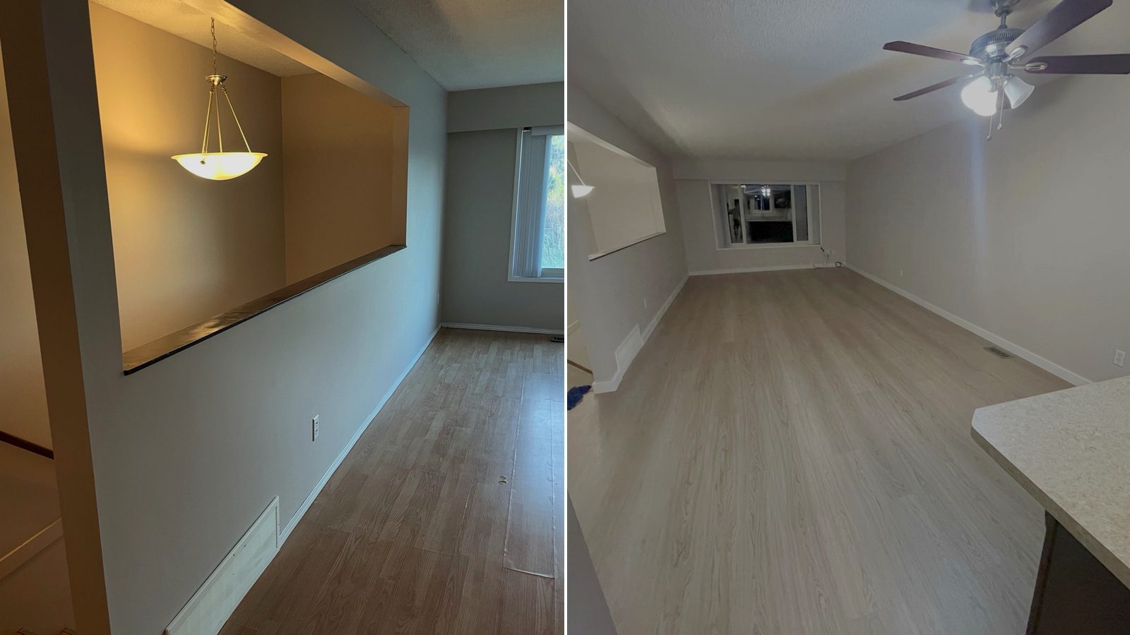 Before and after vinyl flooring and baseboard installation in Chilliwack BC by VeryWell Home Services