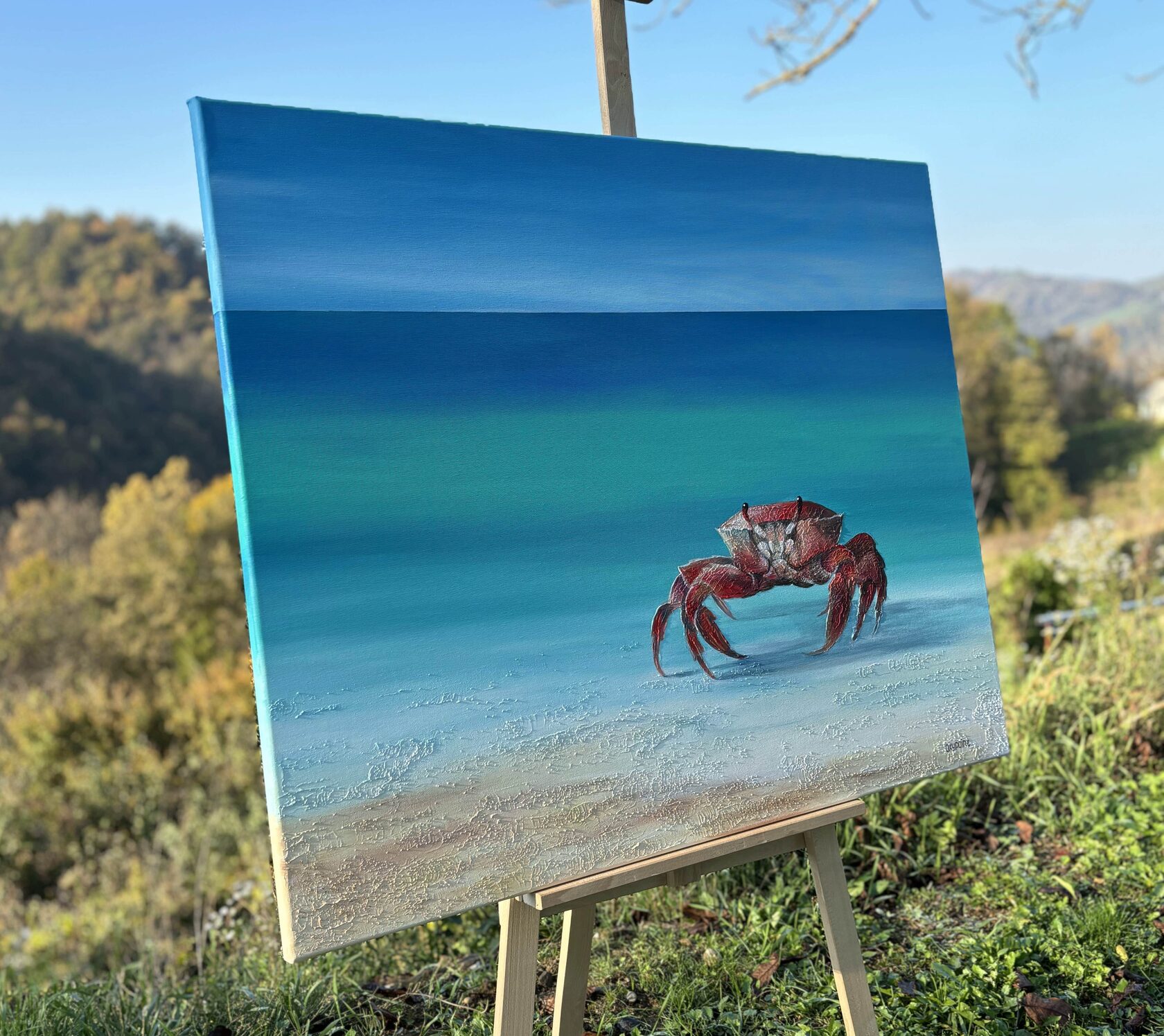 Acrylic painting crab, mixed media, sea sand texture, solitary crab, turquoise sea, waves, large wall art for sale, buy art from artist, buy original paintings, seascape, painting for sale Oxana Kravtsova Oxypoint