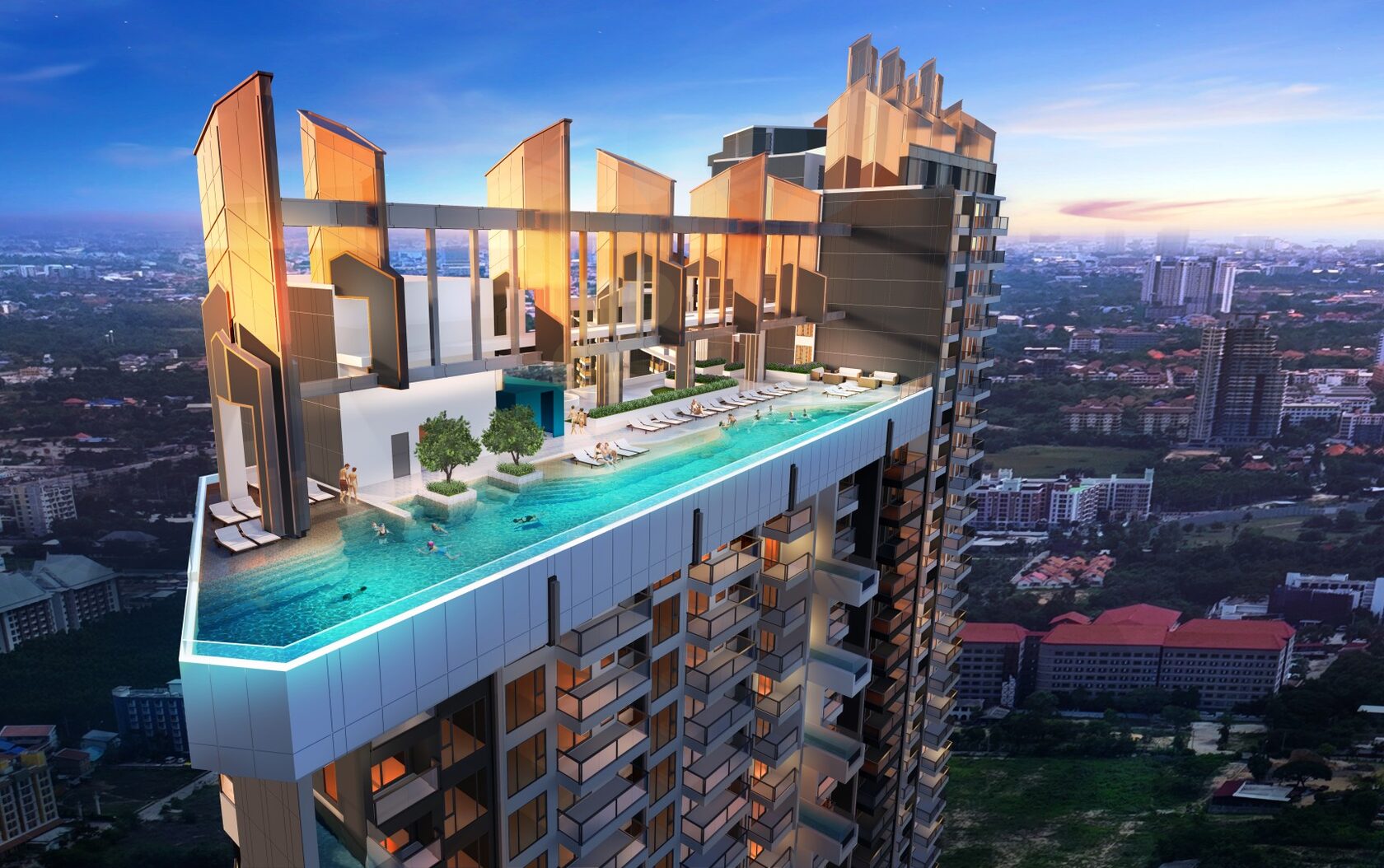 Rooftop infinity pool of Copacabana Coral Reef above the city, rendering