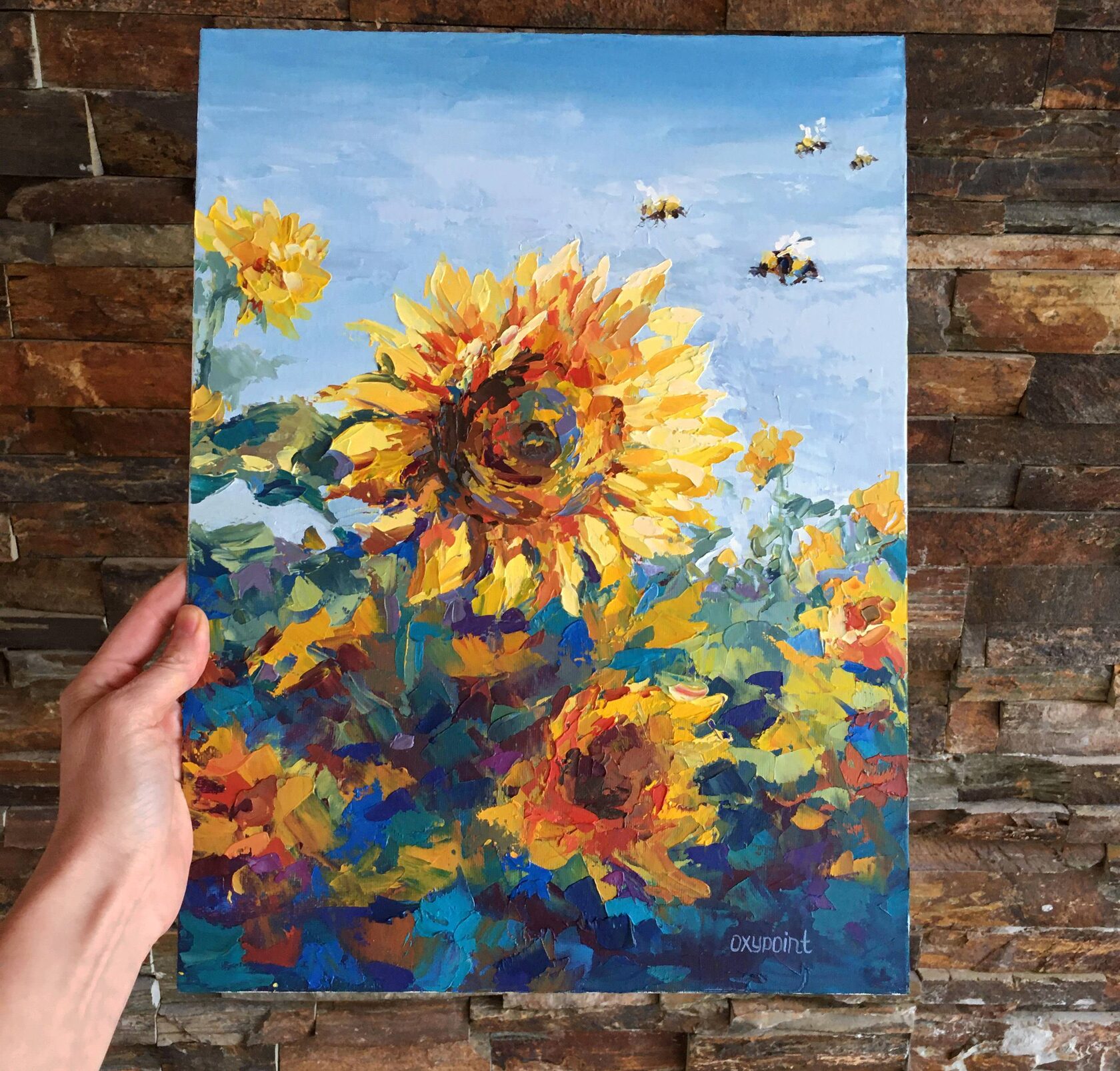 Sunflowers oil painting, flowers abstract art, sunflower knife painting, artist OXYPOINT Oxana Kravtsova, painting for sale