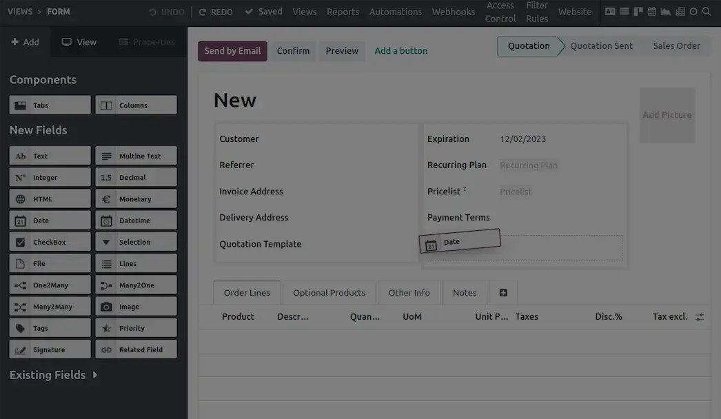 Odoo Studio: forma muharriri, maydonlar paneli va komponentlar