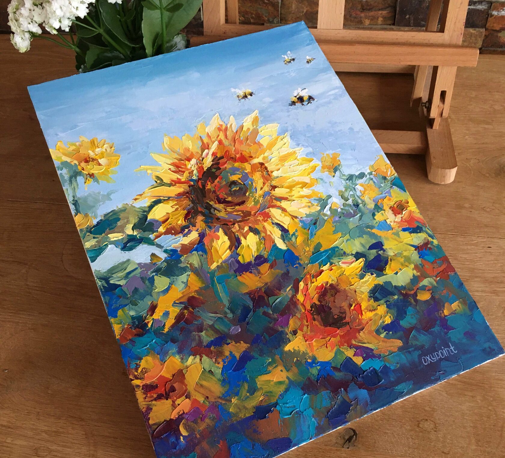 Sunflowers oil painting, flowers abstract art, sunflower knife painting, artist OXYPOINT Oxana Kravtsova, painting for sale