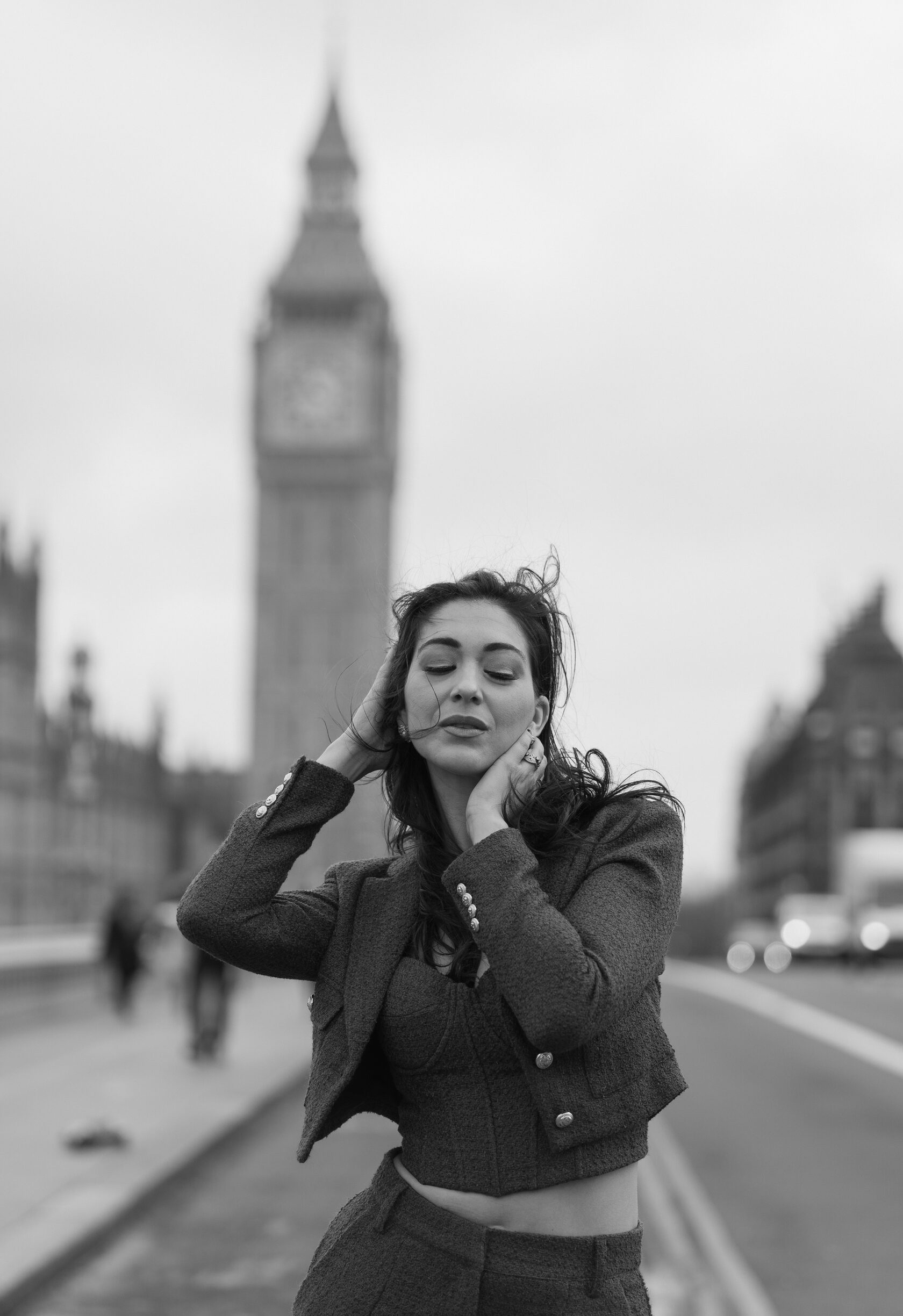 Black-and-white portrait with Big Ben in the background