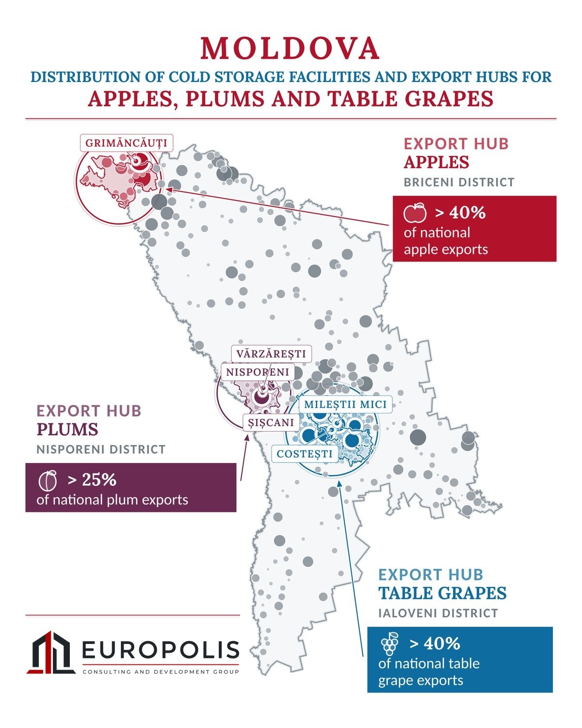 Map: cold storage facilities and export hubs for apples, plums and table grapes