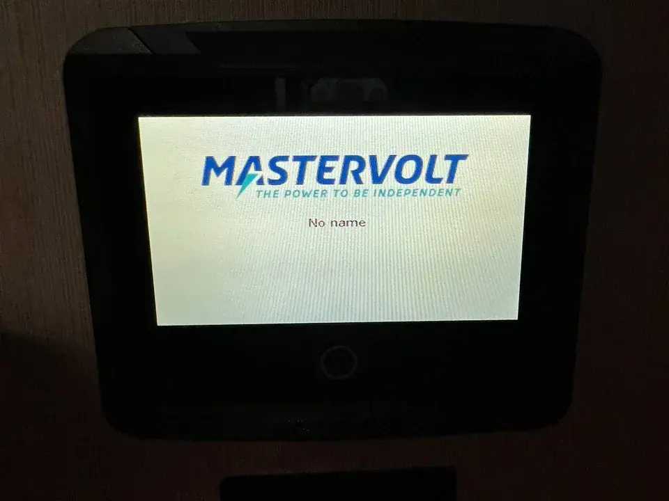 Mastervolt-branded control display showing the startup screen and the words No name.