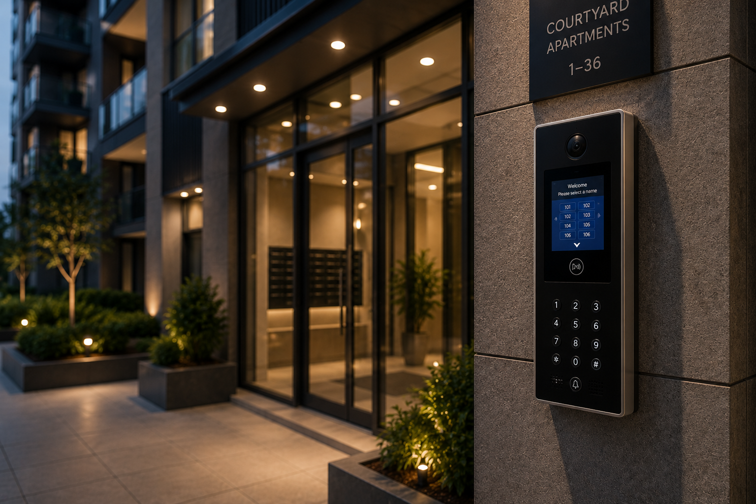 Apartment building entrance with a multi-user intercom system