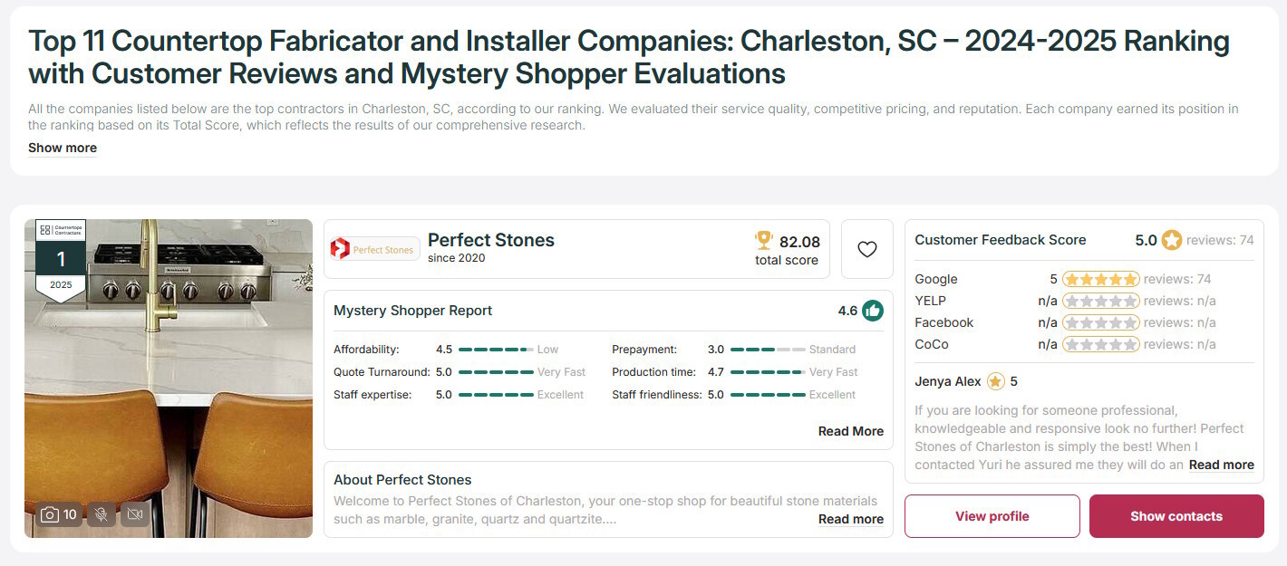 Perfect Stones: #1 in Charleston and South Carolina — #8 in the U.S. (per CountertopsContractors.com 2024–2025)