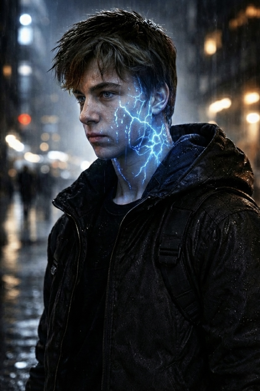 Hybrid Born — close-up of the hybrid son with electric code on his face in the rain.