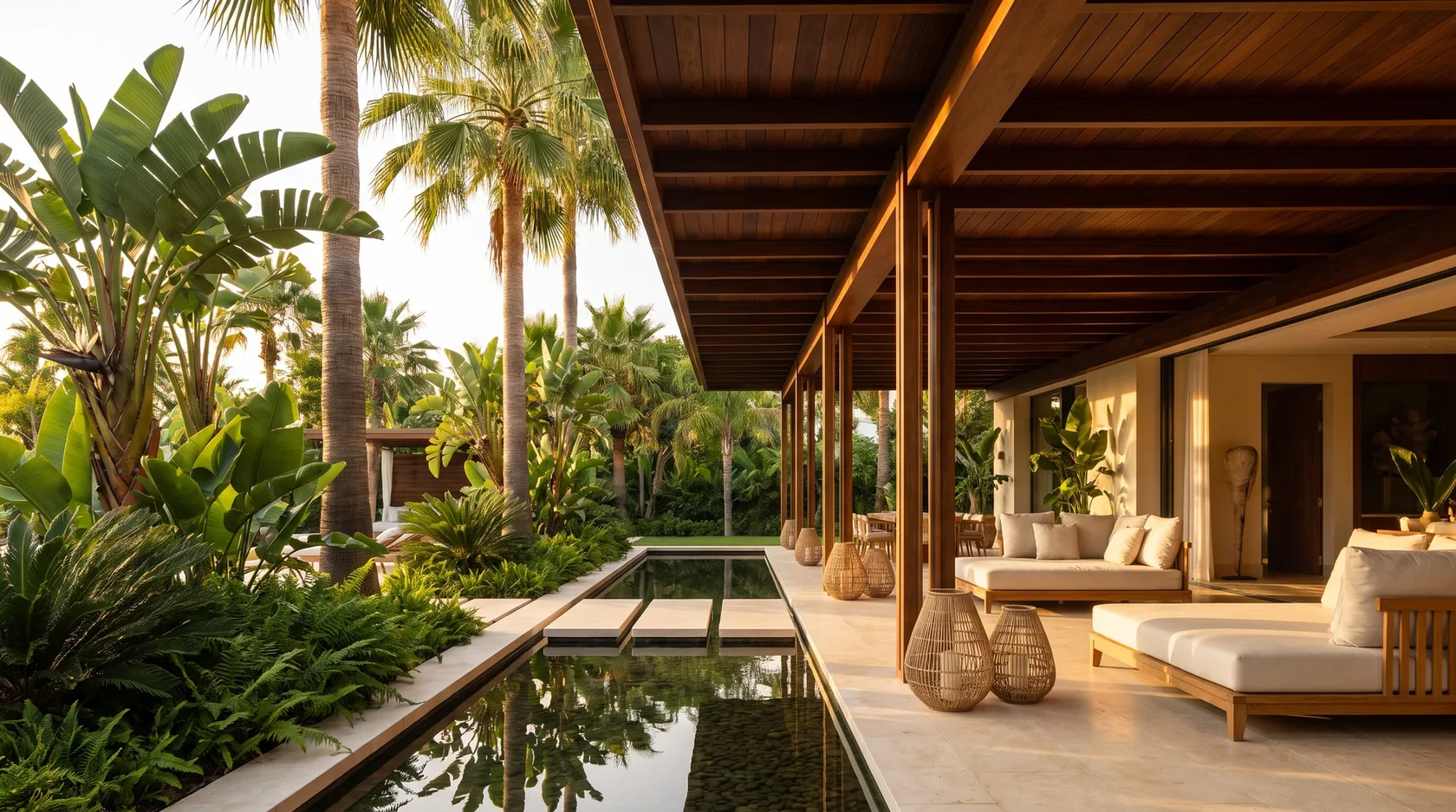 Bali-style villa with timber pavilion and water features in La Cerquilla, Marbella
