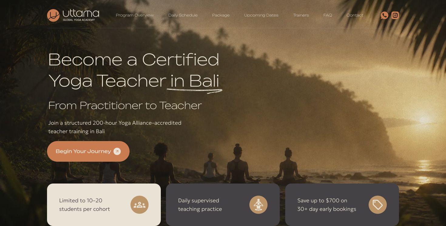 Uttama Yoga Academy website design — first screen