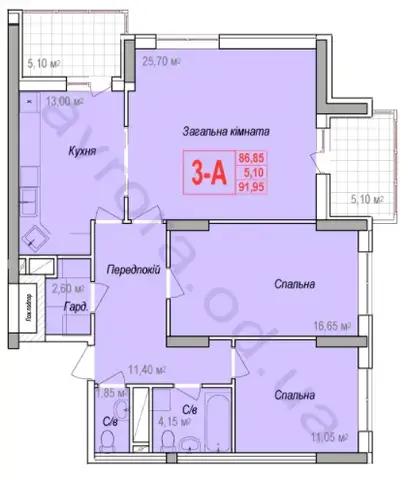 Планировка 3-комнатной квартиры в ЖК Аврора — вариант 2