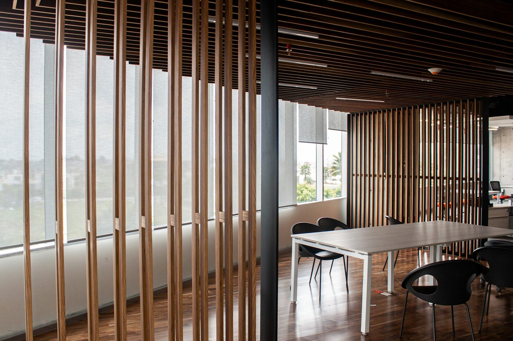 Contemporary interior with wood slat ceiling and architectural partition