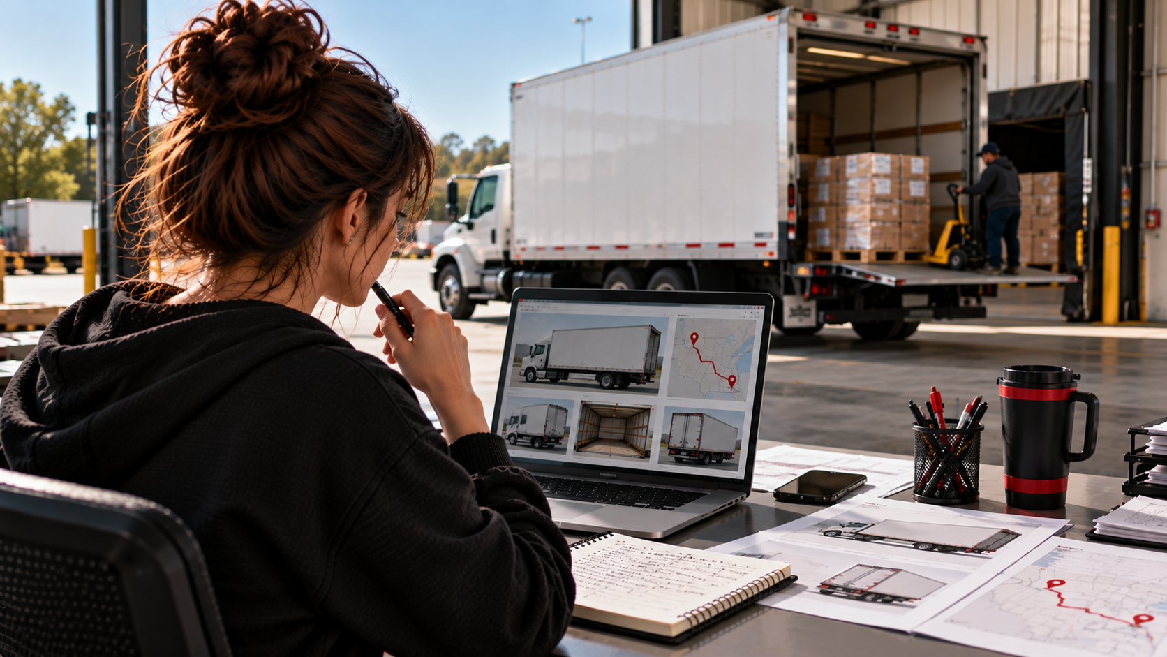 A dispatcher reviewing a straight box truck profile and route plan with a dock-height box truck in the background