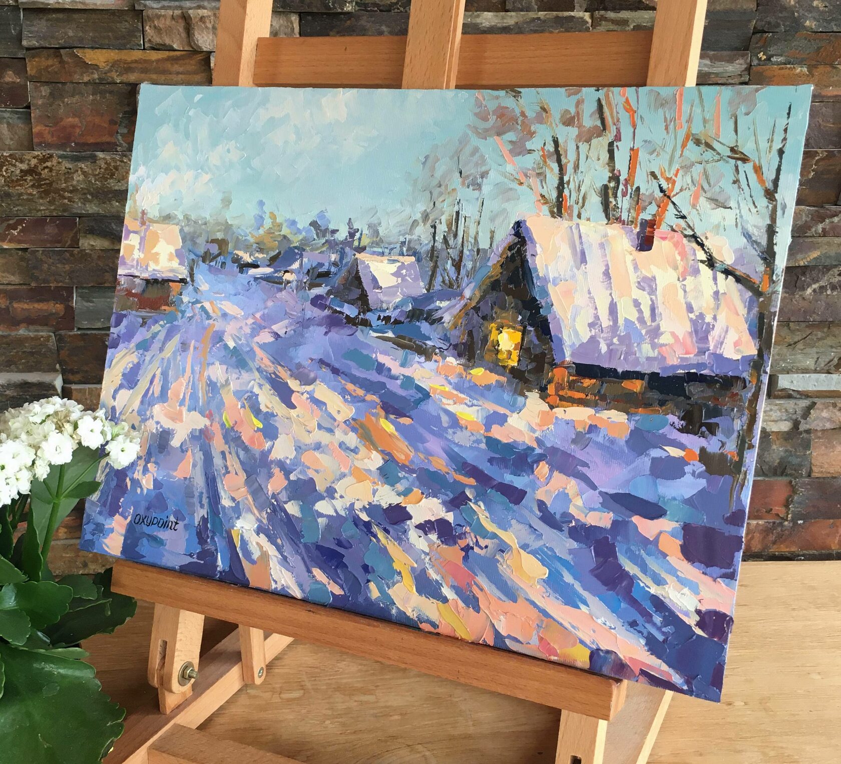winter landscape village, winter oil painting, snow wall art