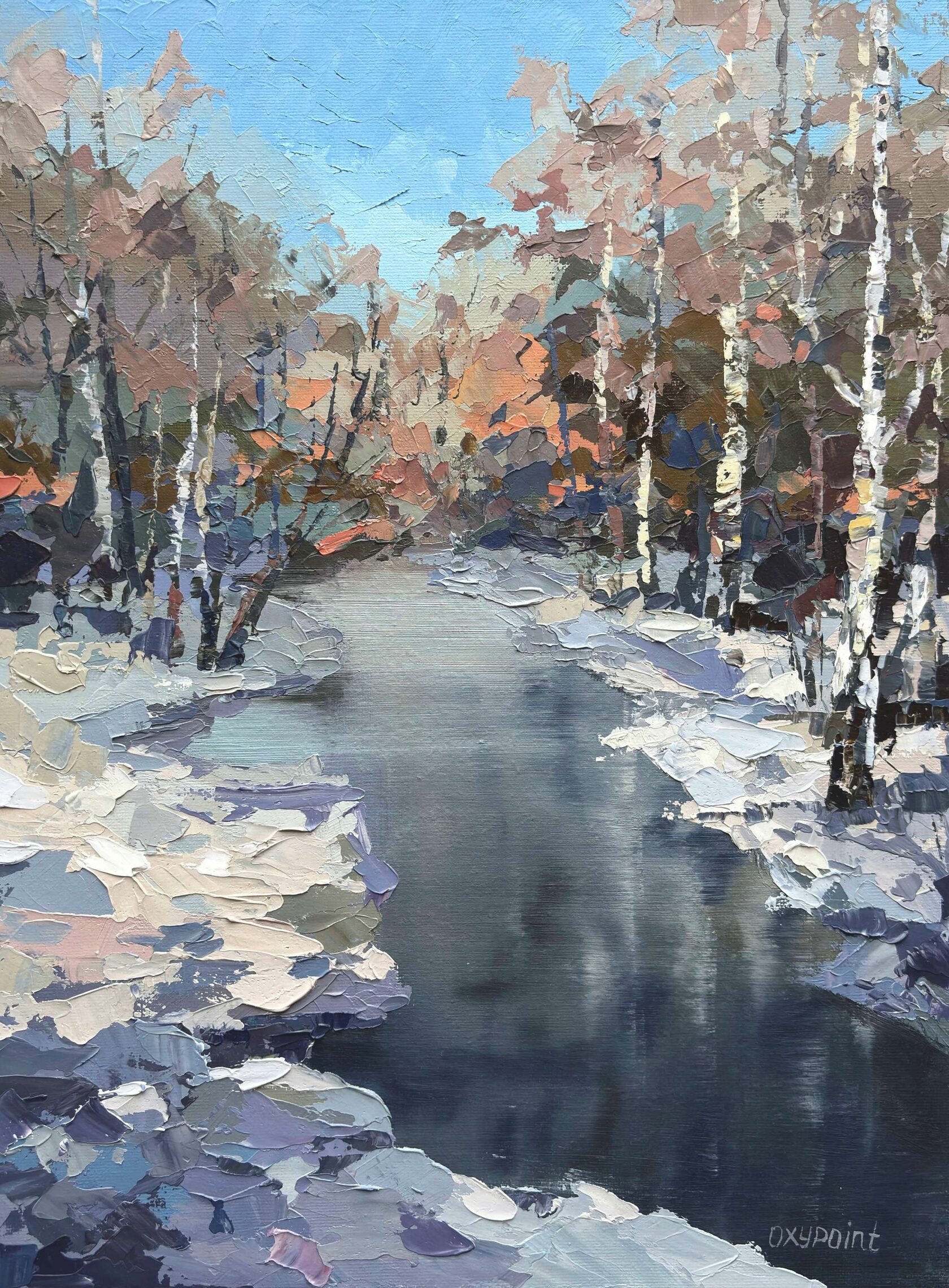 Stream in a grove, winter stream, birch trees, winter grove oil painting, snow abstract art, winter forest knife painting, artist OXYPOINT Oxana Kravtsova