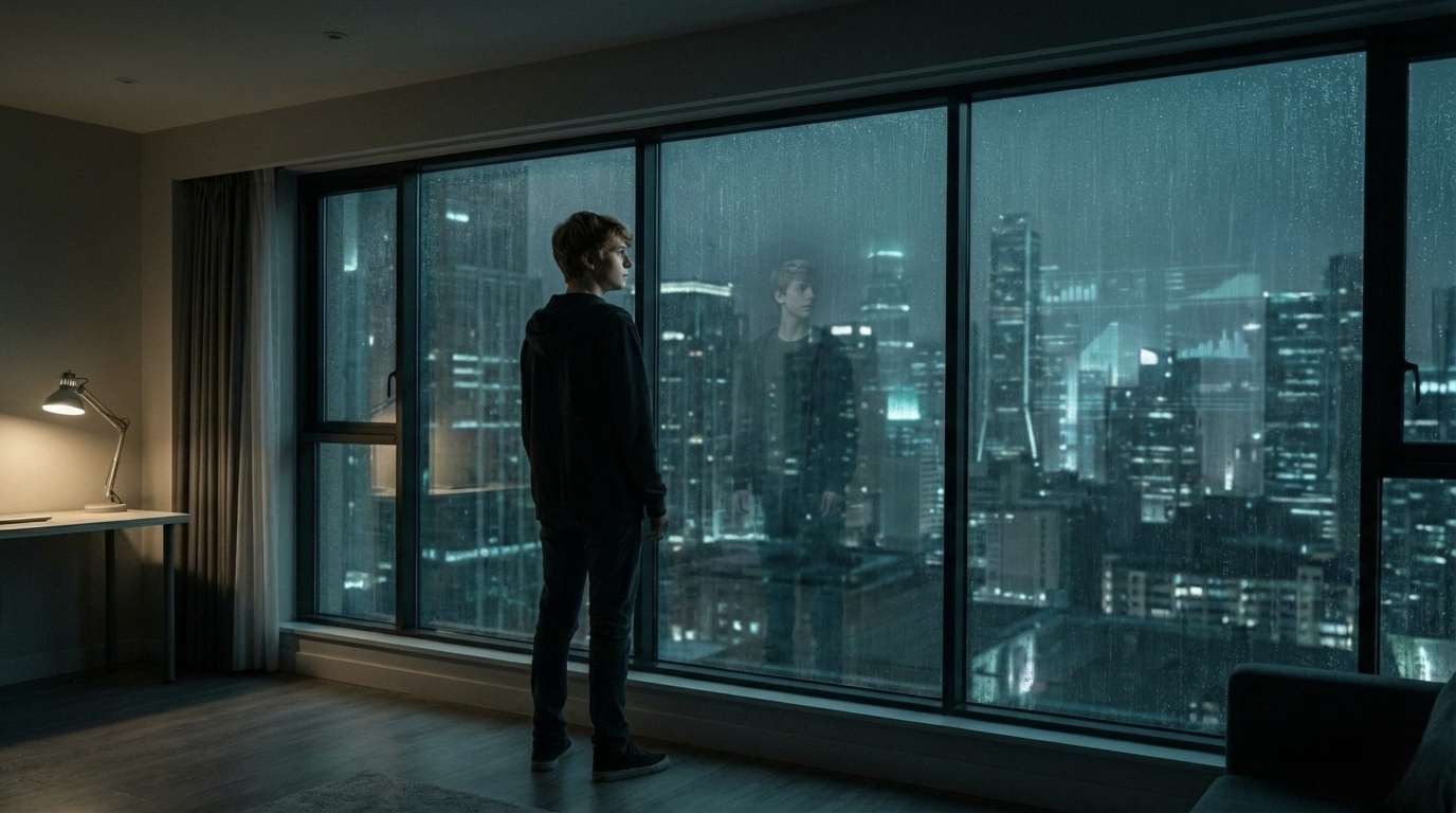Hybrid Born — the son standing at a high-rise window, rain on the glass, city lights outside.