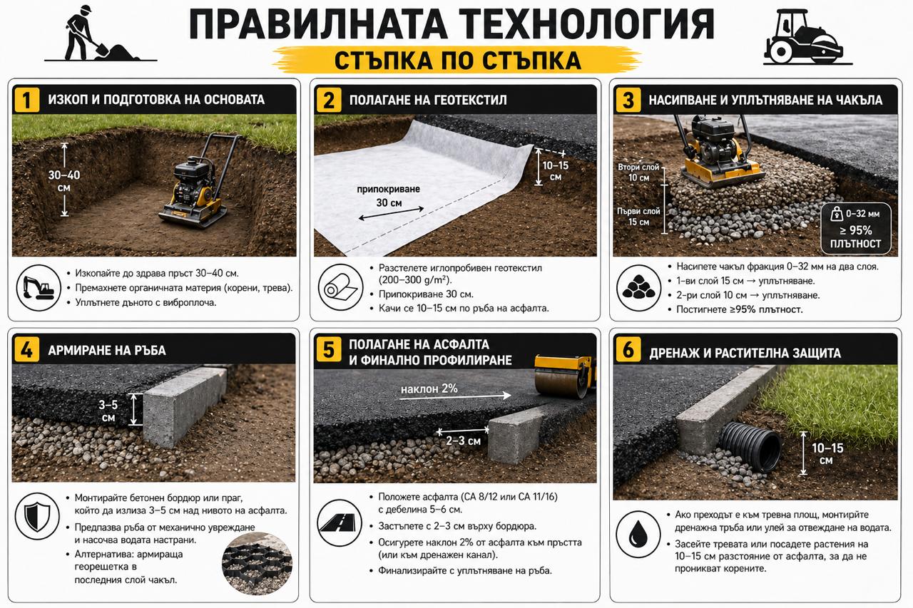 Правилна технология за преход асфалт–пръст стъпка по стъпка – изкоп, геотекстил, чакъл, армиране, асфалт и дренаж