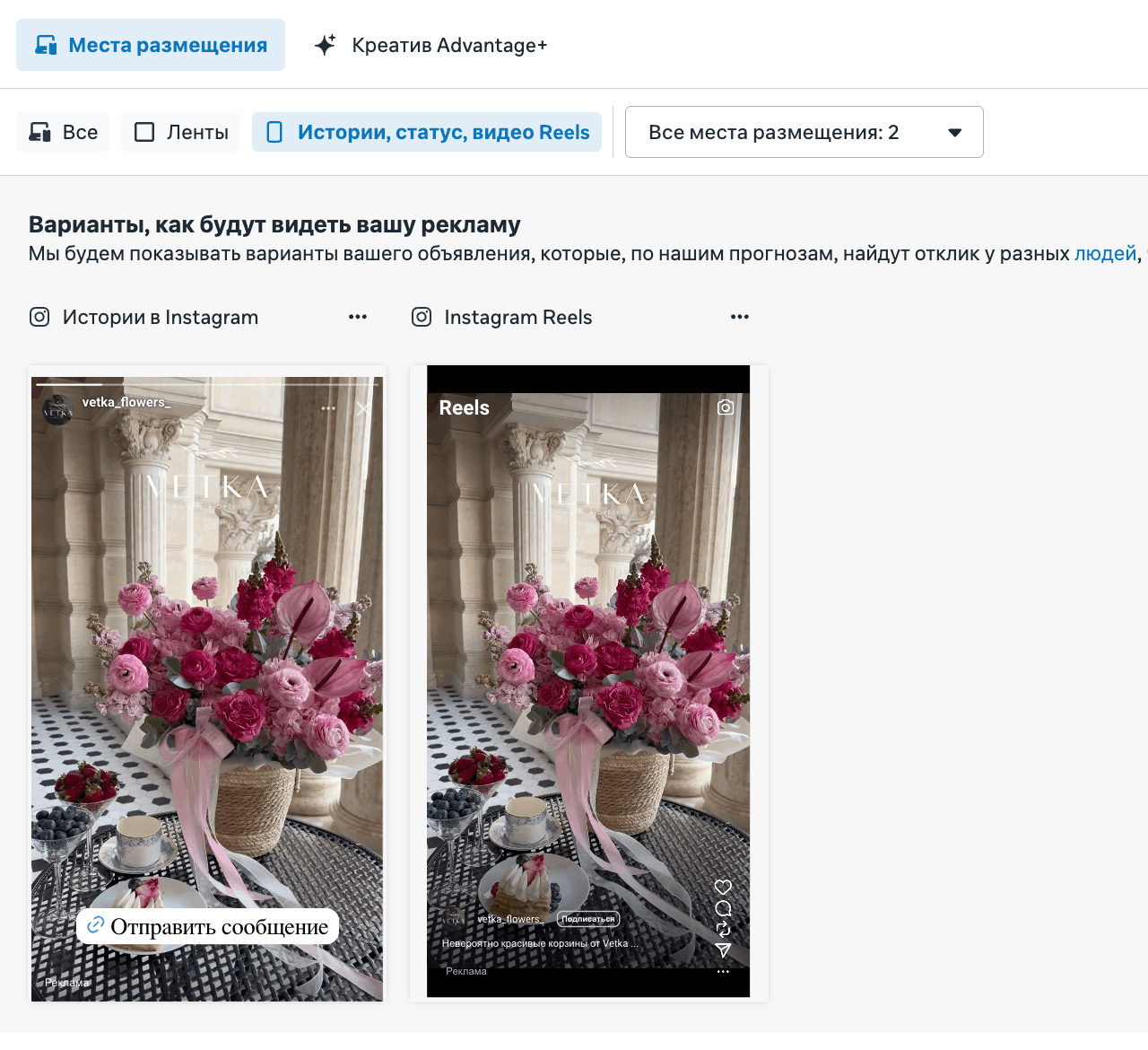 Предпросмотр Reels-объявления в Meta Ads: один ролик в Историях Instagram и в Instagram Reels