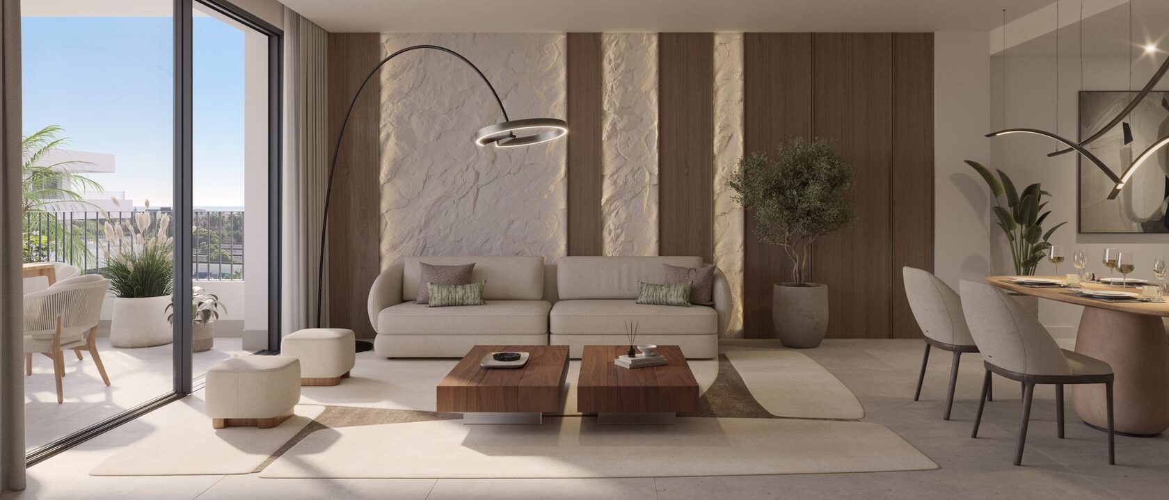 Living room with a textured stone feature wall