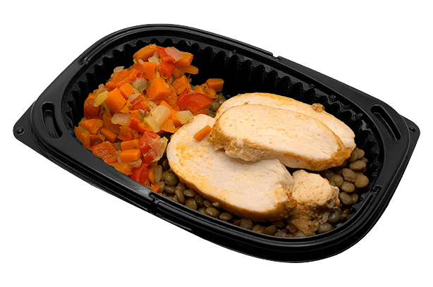 Sous-vide chicken with vegetables and lentil garnish