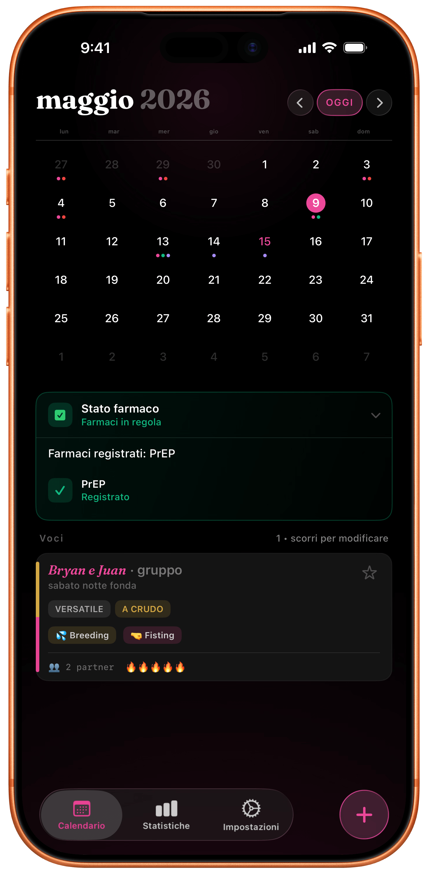 Schermata principale di BodyCount Calendar