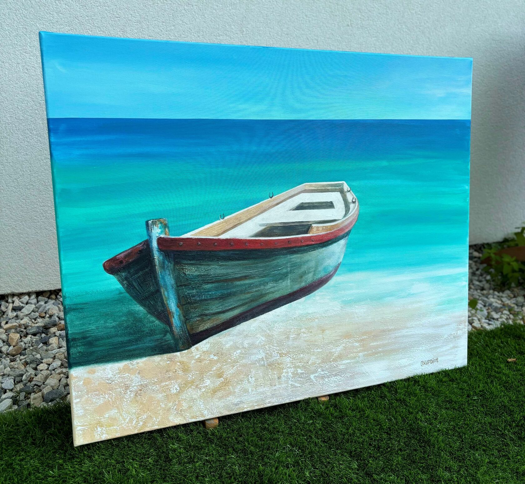 Acrylic painting boat, mixed media, turquoise sea, waves, large wall art for sale, buy art from artist, buy original paintings, seascape, painting for sale Oxana Kravtsova Oxypoint