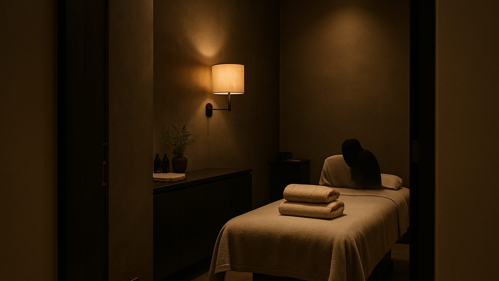 A prepared private spa treatment room with towels and a soft wall lamp