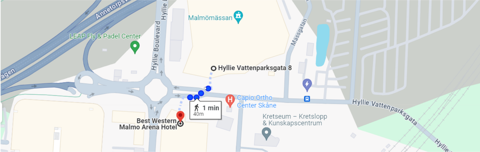 Route to Skybar at Malmö Arena Hotel, Google map screenshot.