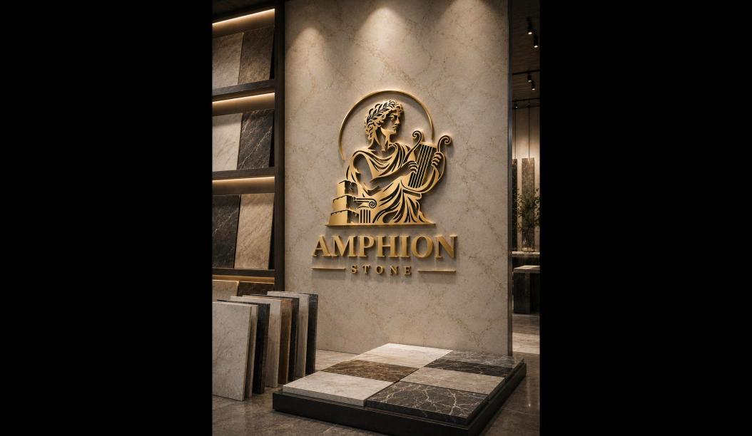 Логотип AMPHION STONE на стіні шоуруму з каменю