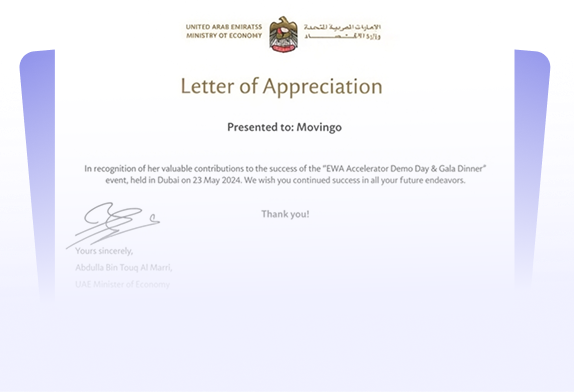 Letter of Appreciation to movingo from the UAE Ministry of Economy
