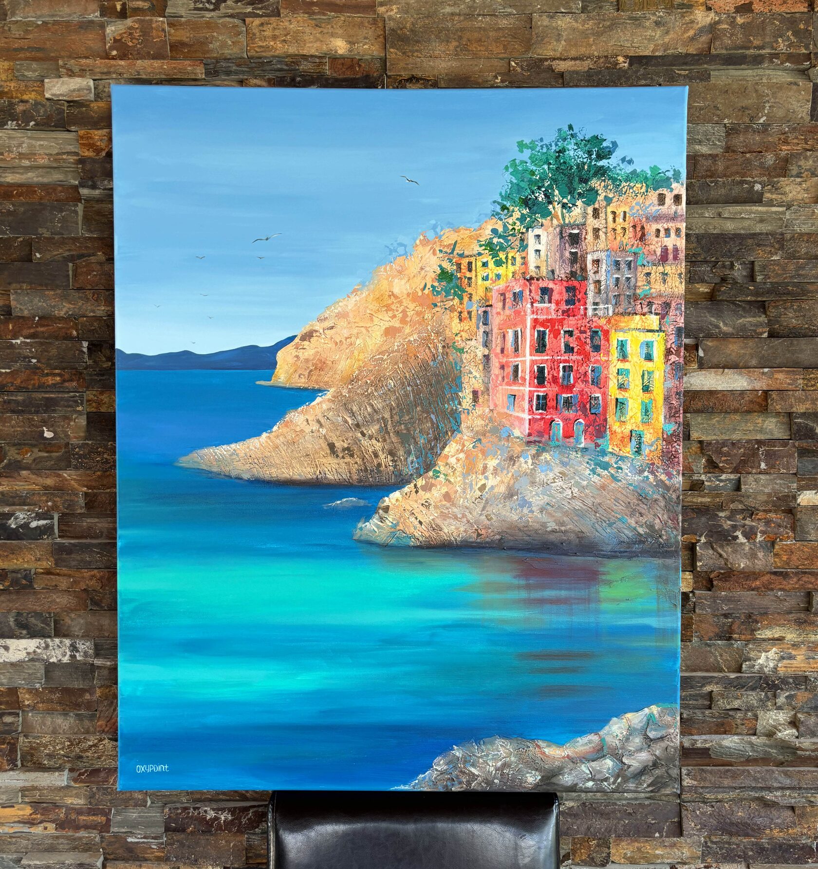 Acrylic painting Riomaggiore, Cinque Terre, mixed media Turquoise Sea, large wall art for sale, buy art from artist, buy original paintings, seascape, stones in the sea, painting for sale Oxana Kravtsova Oxypoint