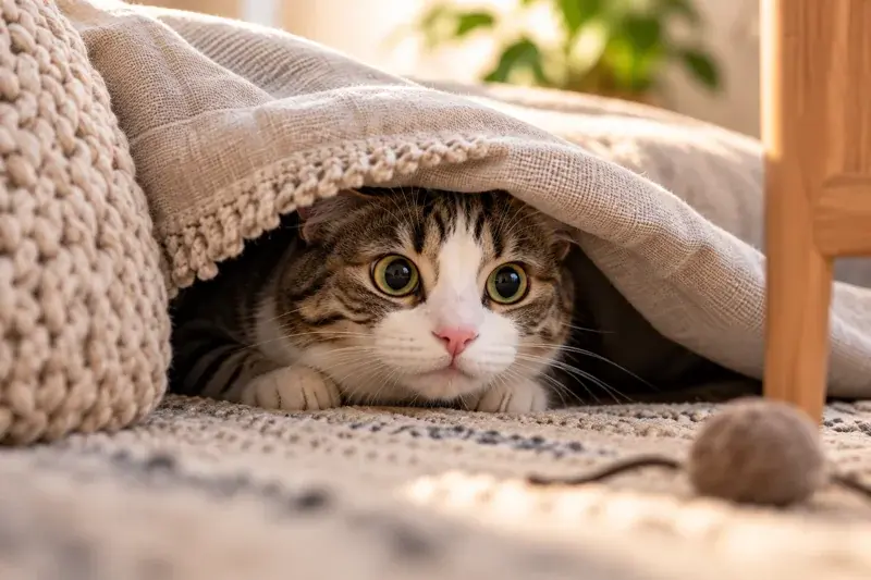 Кошка прячется под пледом