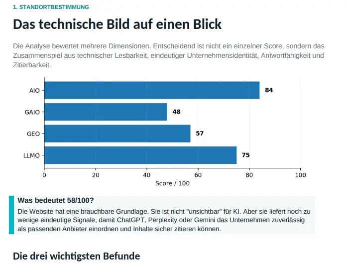 Beispiel einer technischen KI-Sichtbarkeitsanalyse