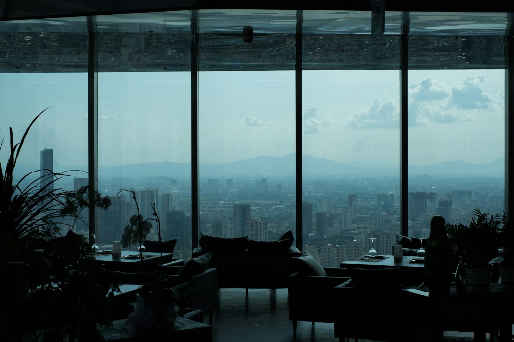 Panoramic dinner on the upper floor of a skyscraper