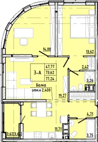 Планування 3-кімнатної квартири в ЖК Modern — варіант 1