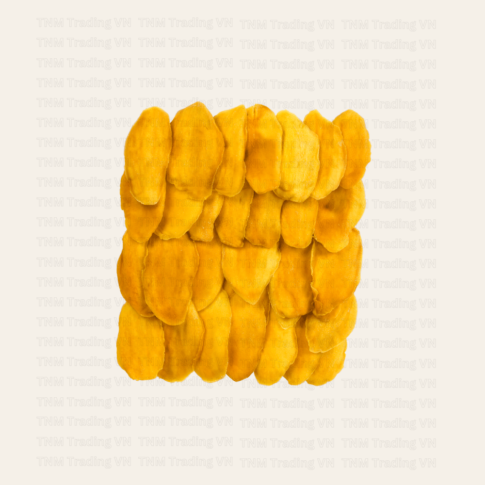 Arranged assortment of soft dried mango slices with low added sugar