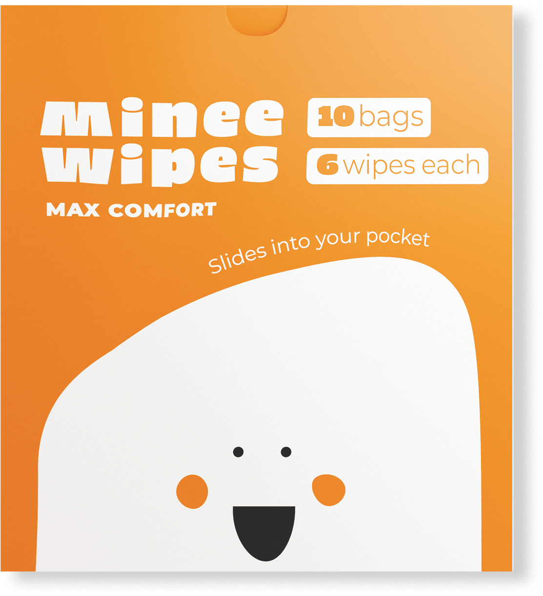 Minee Wipes box with 10 mini packs – bold orange packaging designed for easy storage and travel use