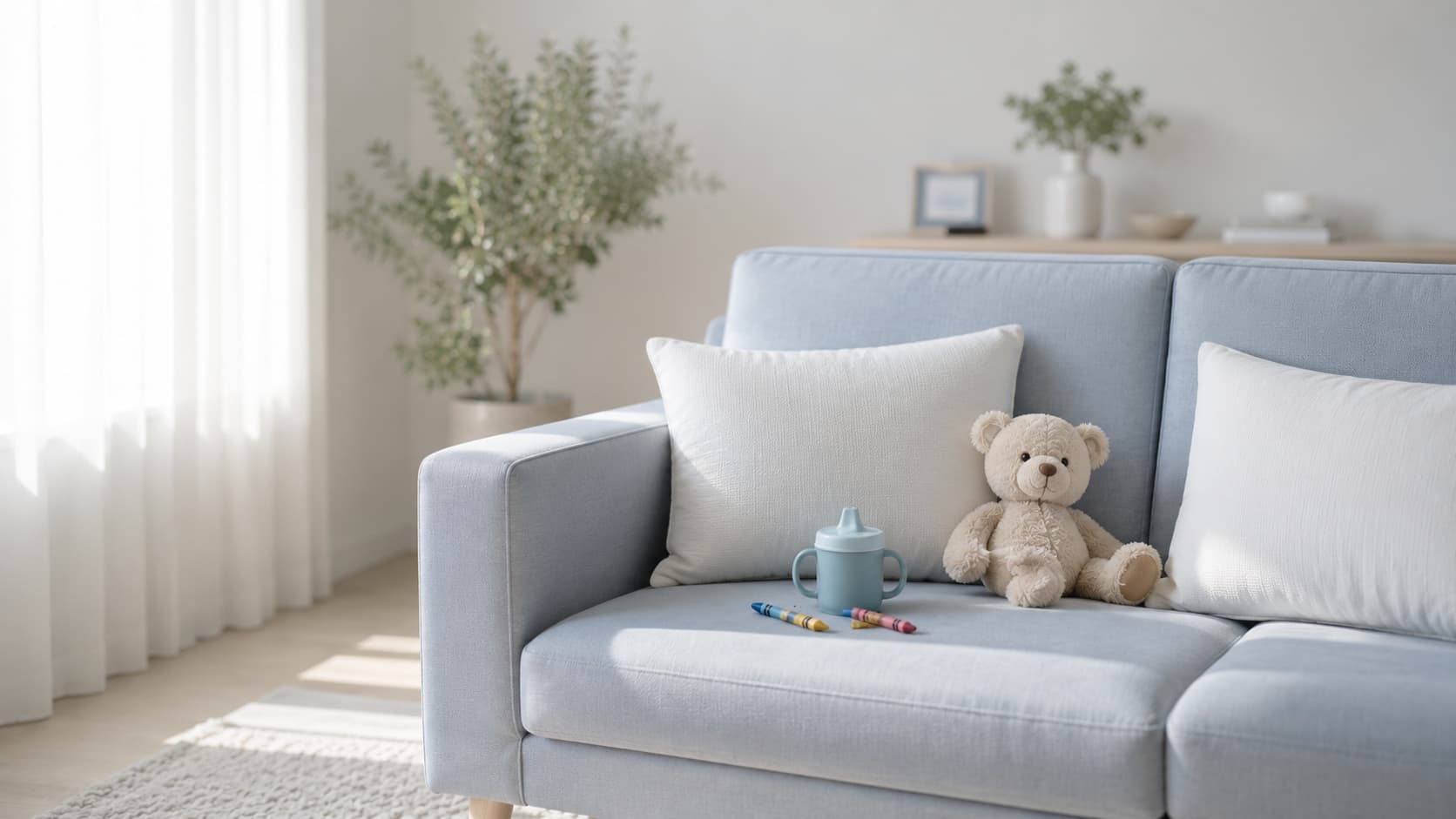Helles Sofa mit Kuscheltier und Trinkbecher &ndash; kindersichere Polsterreinigung in Frankfurt