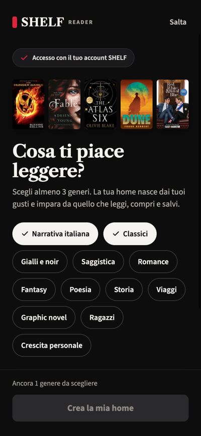 SHELF Reader — Single sign-in + tastes