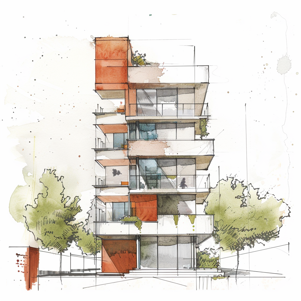 Ilustración acuarela edificio plurifamiliar obra nueva