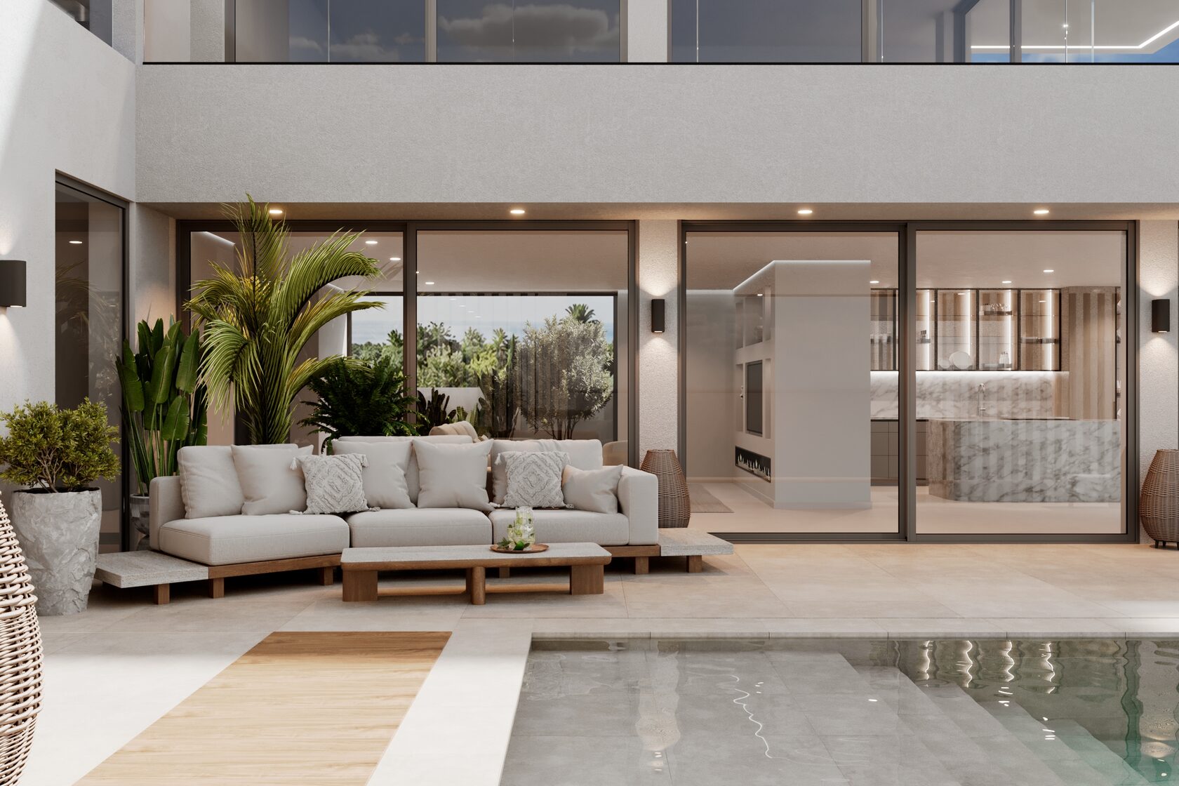 Covered outdoor lounge and terrace landscape design