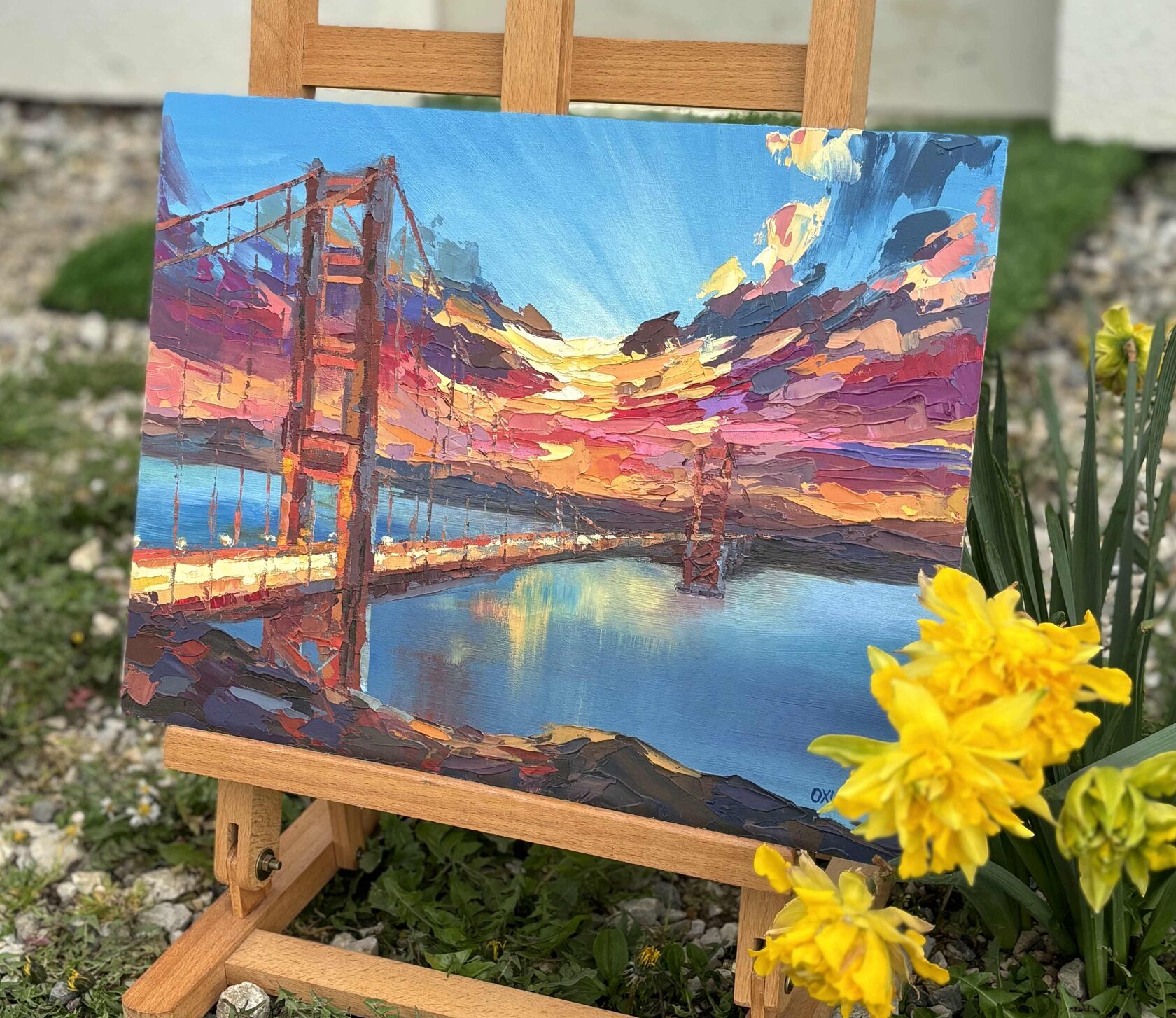 Golden Gate Bridge oil painting, San Francisco abstract art, knife painting, artist OXYPOINT Oxana Kravtsova, painting for sale 