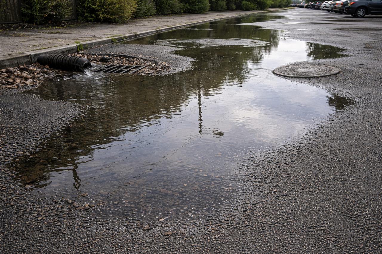 Локви вода върху асфалт заради липса на наклон и лош дренаж при асфалтиране на двор