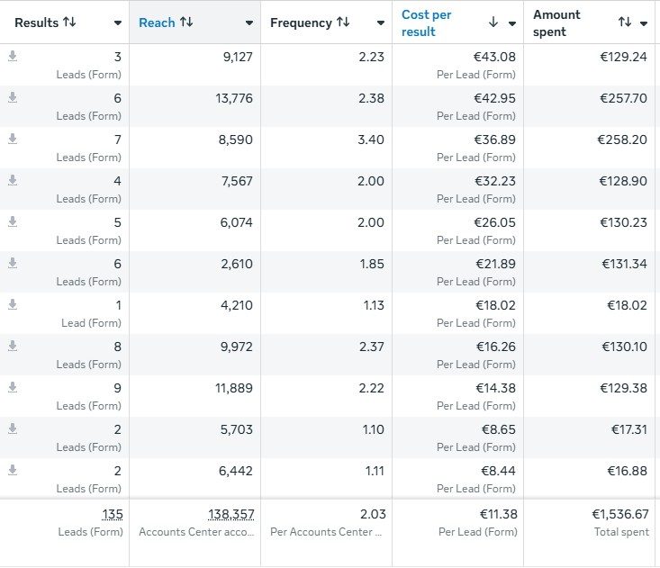 Скриншот Ads Manager: 135 заявок на яхты по €11 — реклама в Facebook