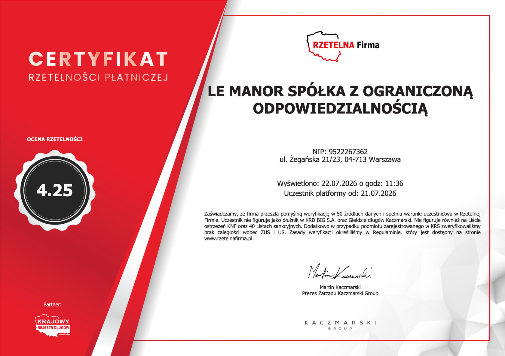 Le Manor Payment Reliability Certificate