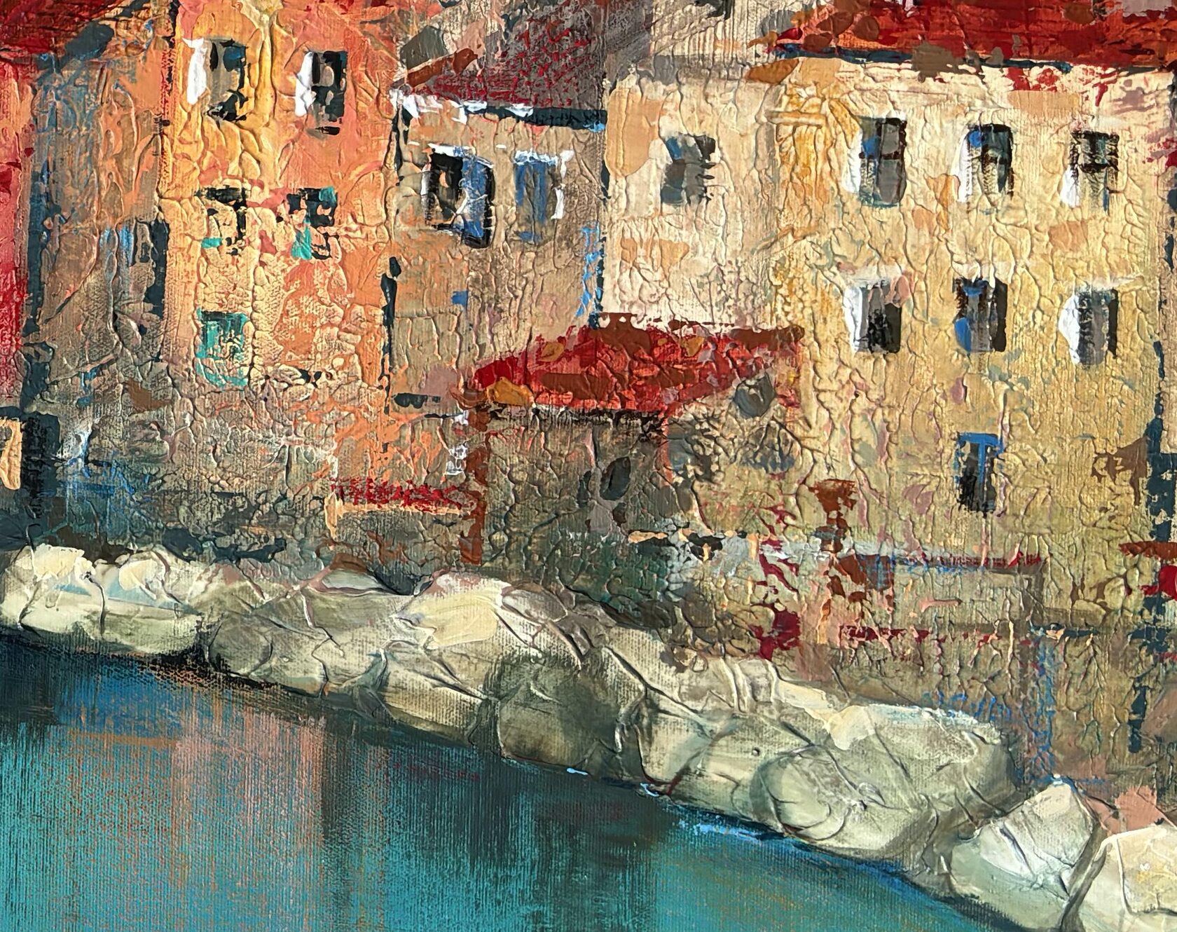 Acrylic painting Piran, mixed media, Slovenia, painting for sale Oxana Kravtsova Oxypoint